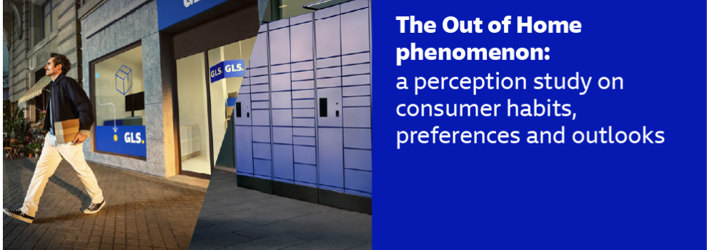 GLS Out of Home phenomenon banner featuring a man walking toward a GLS pickup point and parcel lockers, alongside text about the study on consumer habits, preferences, and perspectives.