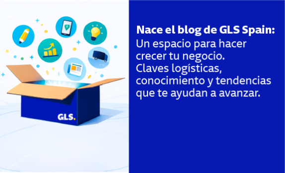 Imagen promocional del lanzamiento del blog de GLS Spain con una caja azul abierta de GLS de la que salen iconos de logística, innovación y crecimiento empresarial sobre fondo azul.