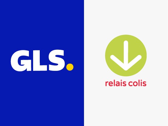 Visuel affichant le logo GLS sur fond bleu et le logo Relais Colis avec une flèche vers le bas sur fond blanc.