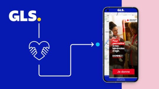Bannière solidaire GLS avec la Croix-Rouge française affichée sur une application mobile pour encourager les dons pendant Noël.