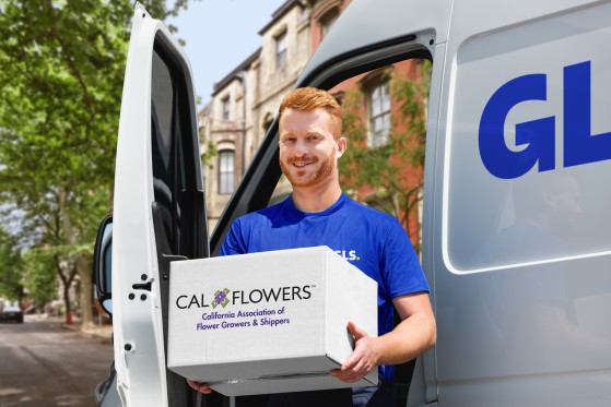 A GLS driver standing in front of a GLS vehicle holding a package with CalFlowers logo on it.